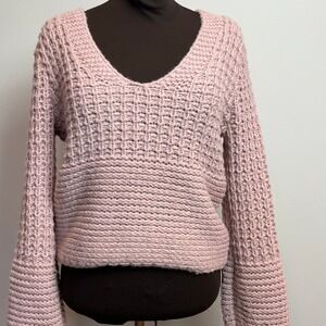 Twik Women's Chunky Knit Cropped Sweater Pink Balloon Sleeve Textured Pullover M